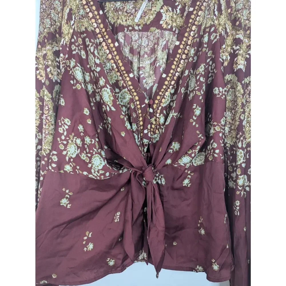 Free People Run Free Floral Tie Button Front Long Sleeve Blouse Boho